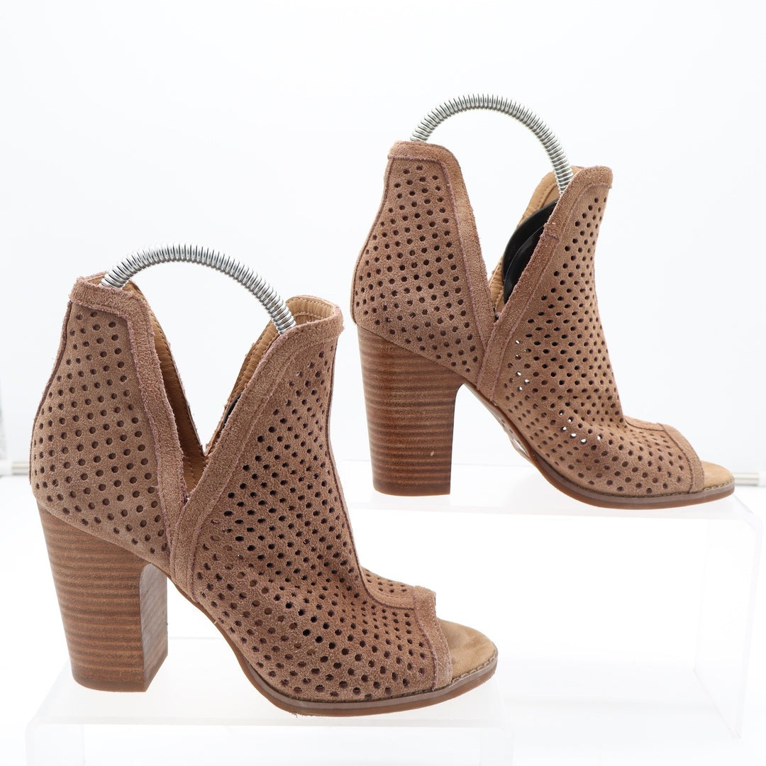 Lucky Brand Larise Tan Perforated Suede Peep Toe Booties Stacked Heel Size 6M