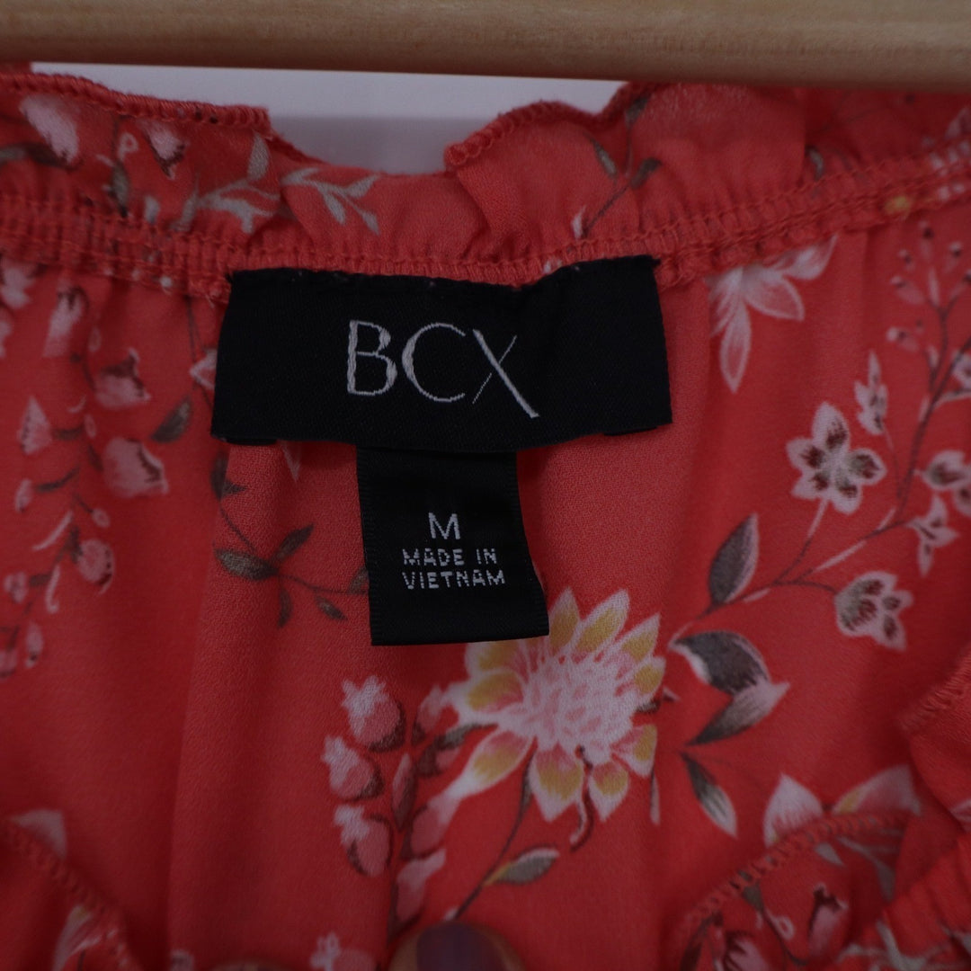 BCX Coral Red Floral Bell Sleeve Tie Front Chiffon Blouse Top Medium
