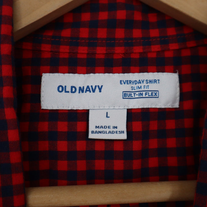 Old Navy Mens Large Red Navy Gingham Slim Fit Everyday Shirt Built-In Flex L