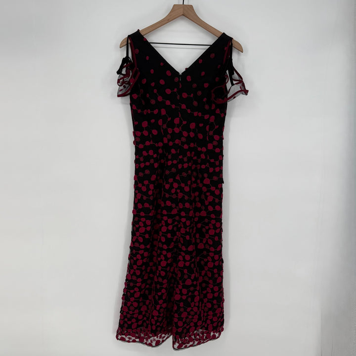 Foxiedox Fit & Flare Dress Women Small Red Black Embroidered Lined Cold Shoulder
