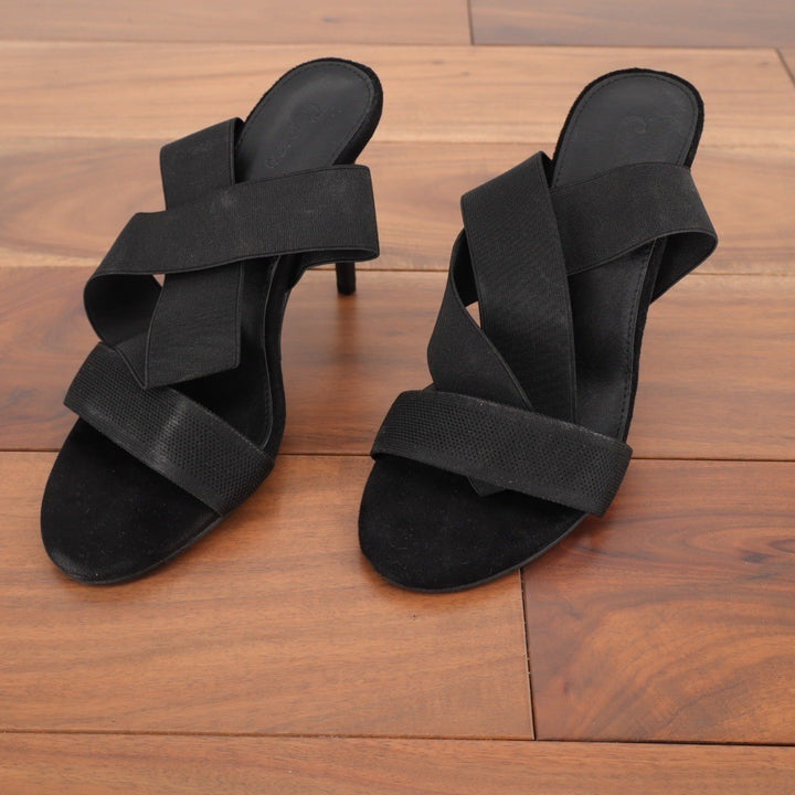 Cucco Black Suede Elastic Strap Stiletto Heeled Mules Sandals Size 37