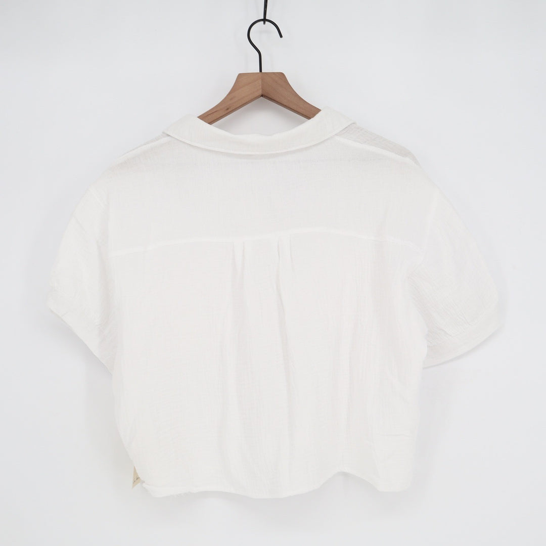Love Notes White Cotton Gauze Cropped Button Down Shirt Short Sleeve Large