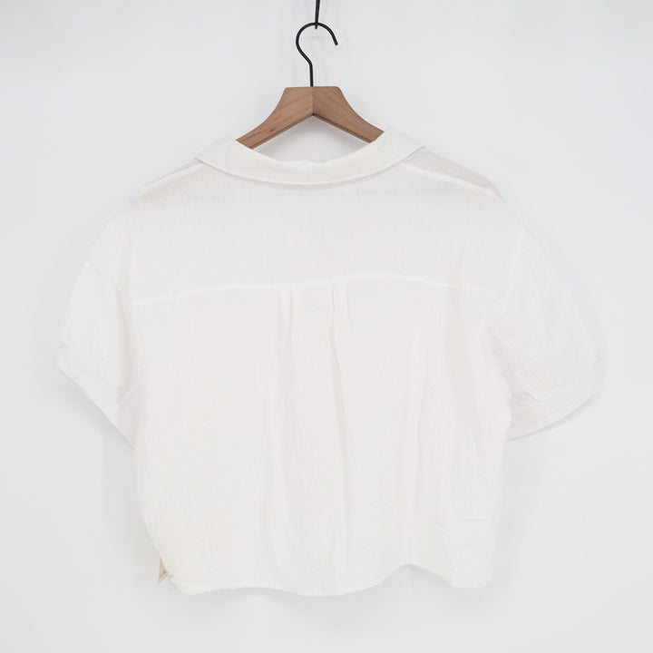Love Notes White Cotton Gauze Cropped Button Down Shirt Short Sleeve Large