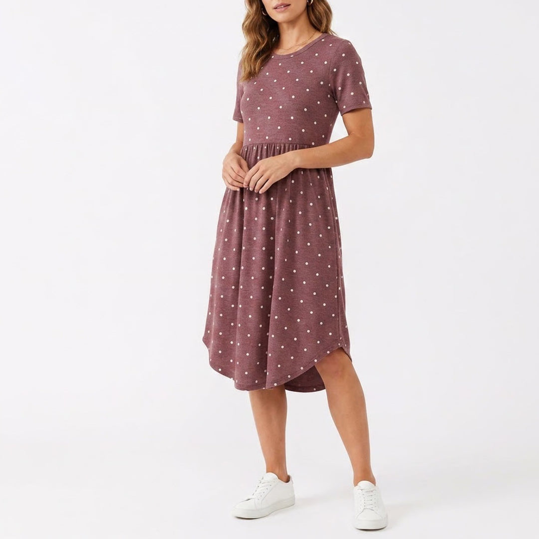 Unbranded Burgundy Polka Dot Short Sleeve Empire Waist Midi Dress Large
