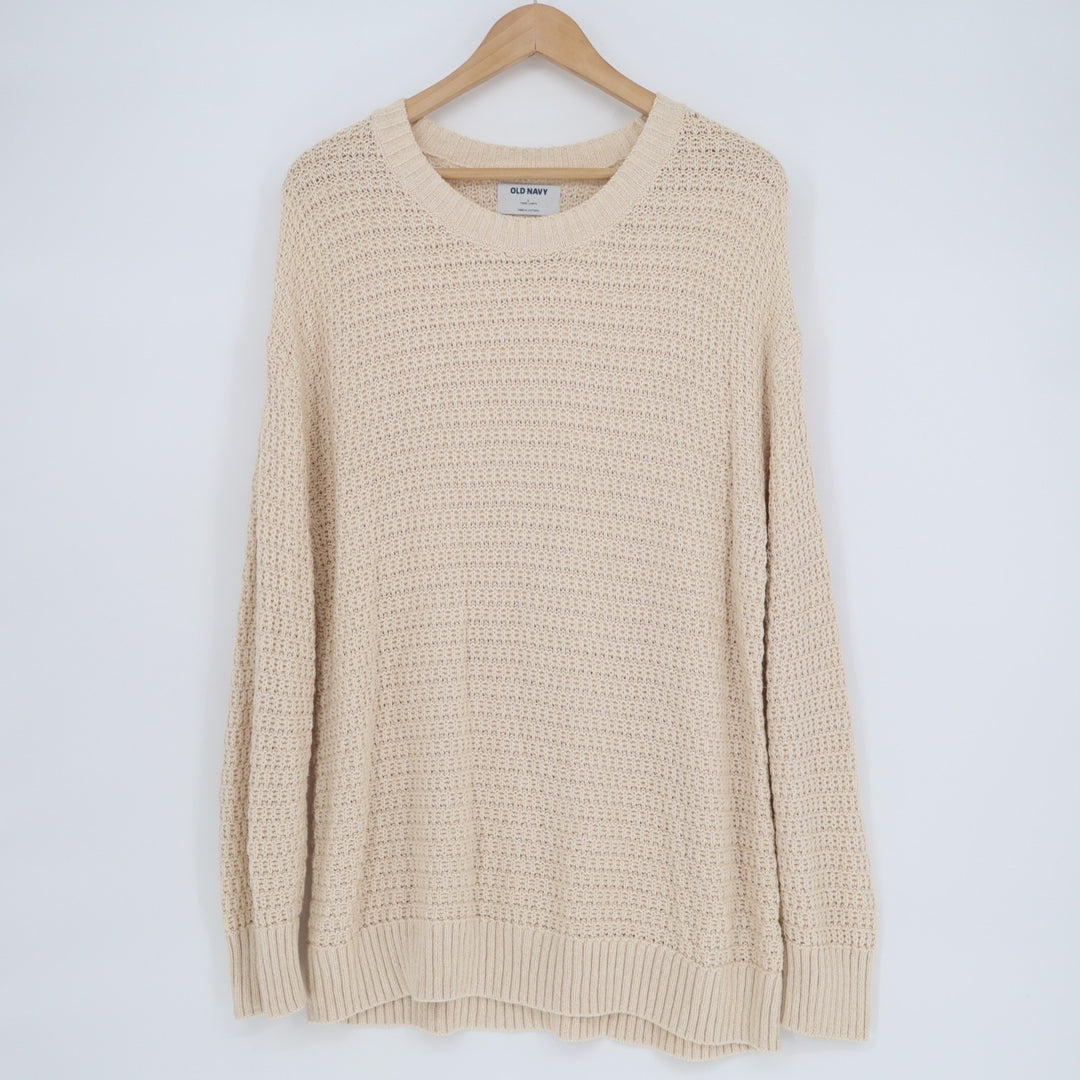 Old Navy Tunic Sweater Womens Large Beige Waffle Knit Crew Neck Long Sleeve