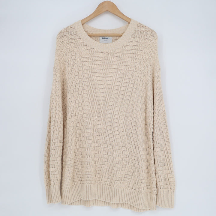 Old Navy Tunic Sweater Womens Large Beige Waffle Knit Crew Neck Long Sleeve