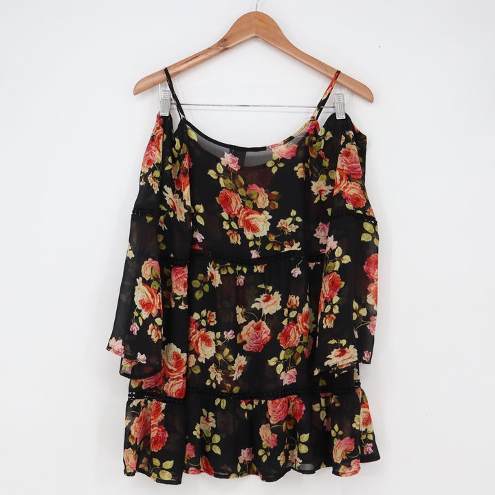 Paper Crane Blouse Womens XL Black Floral Cold Shoulder Tiered Exc