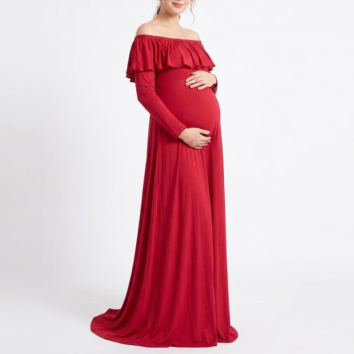 Red Off the Shoulder Maxi Dress Long Sleeve Ruffle Maternity Photoshoot XL