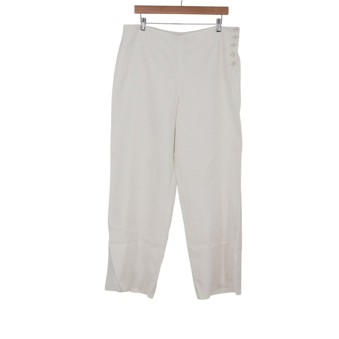Talbots Petites White 100% Linen Wide Leg Side Button Trousers Pants 14P