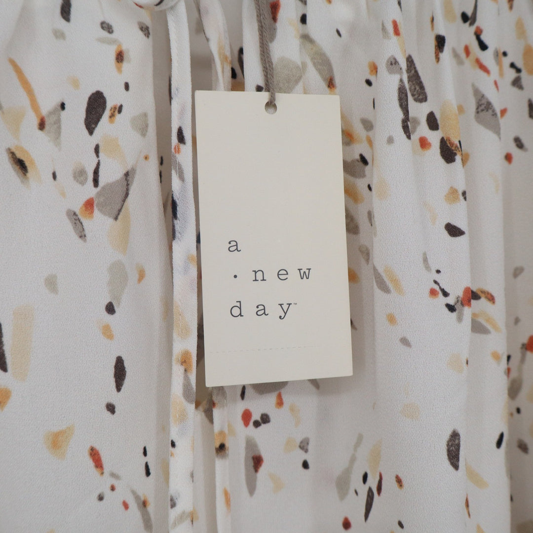 A New Day Womens XL Abstract Print Smocked Tie Neck Peasant Blouse White