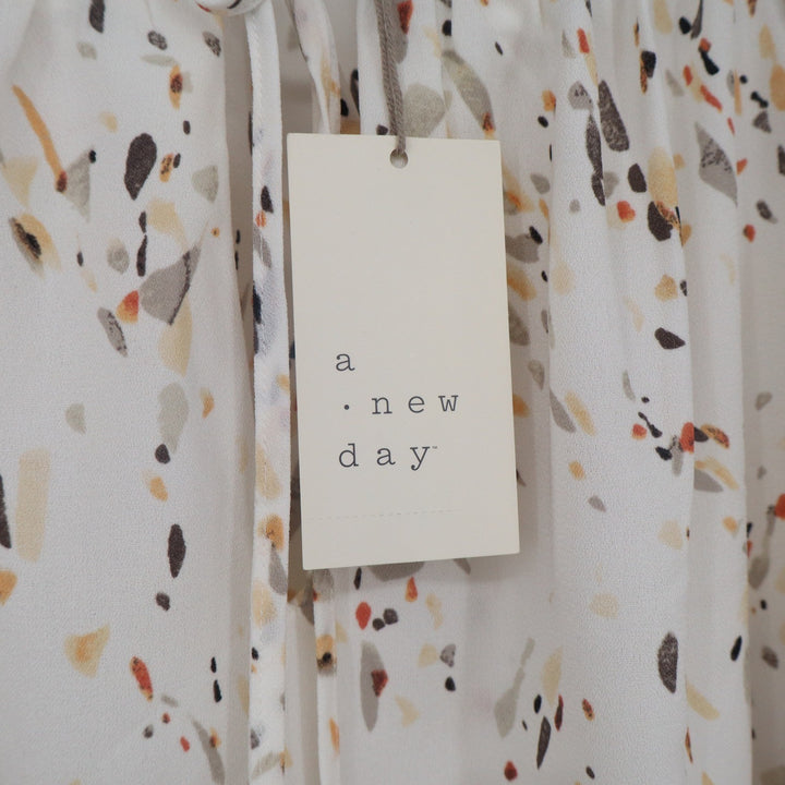 A New Day Womens XL Abstract Print Smocked Tie Neck Peasant Blouse White