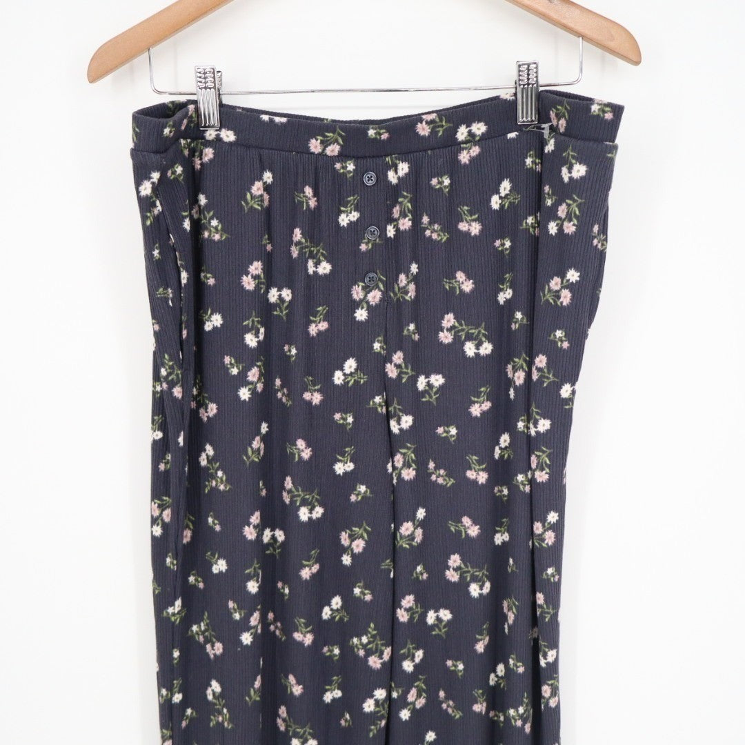 Women Pajama Pants XL Navy Blue Ditsy Floral Stretch Ribbed Lace Trim Ankle Slit