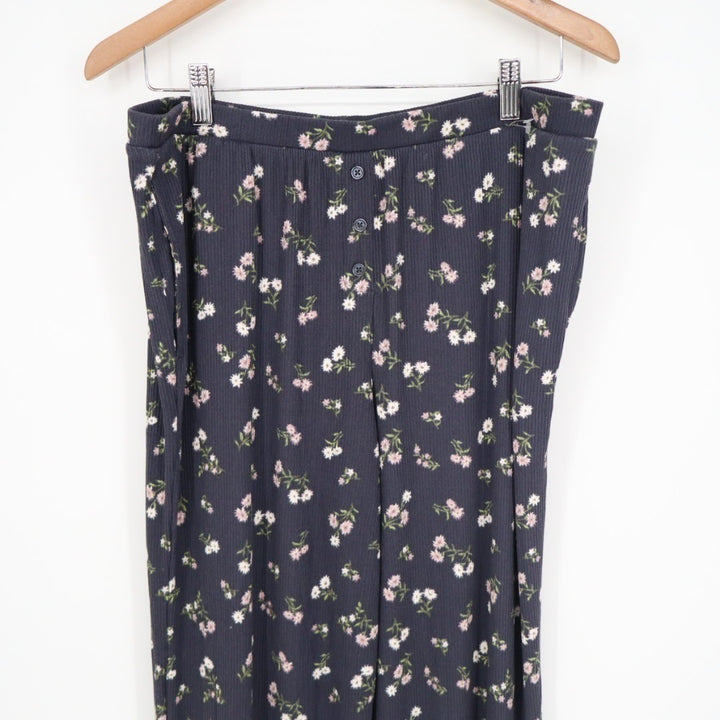 Women Pajama Pants XL Navy Blue Ditsy Floral Stretch Ribbed Lace Trim Ankle Slit