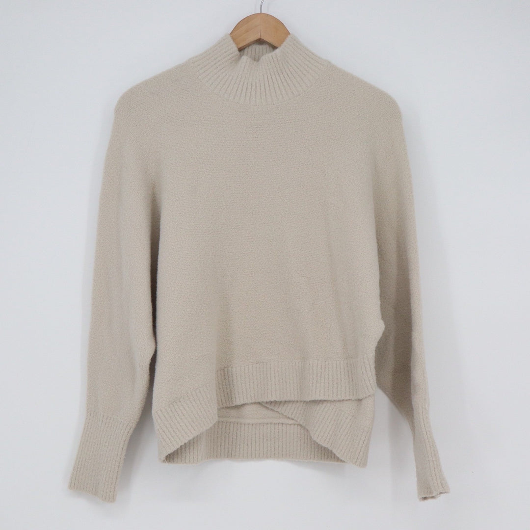 Express Womens Mock Neck Sweater Oatmeal Beige Fuzzy Knit Step Hem Size M