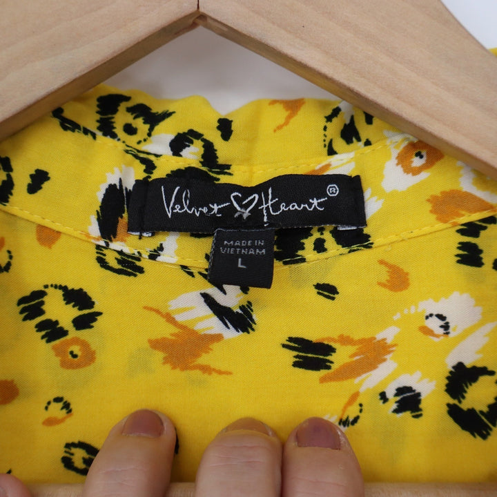Velvet Heart Yellow Leopard Print Button Down Shirt Roll Tab Sleeve Large