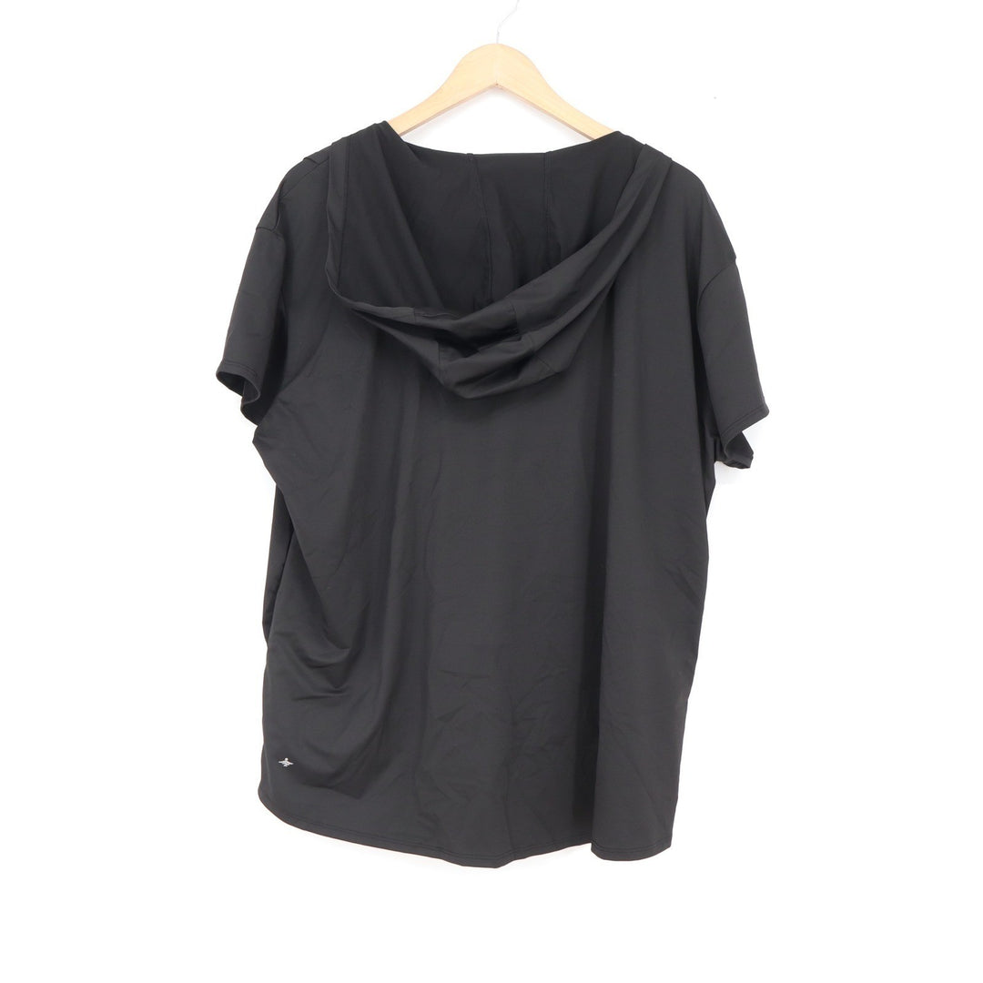 Black Draped Crossover Hooded Short Sleeve Top Athleisure Relaxed Fit