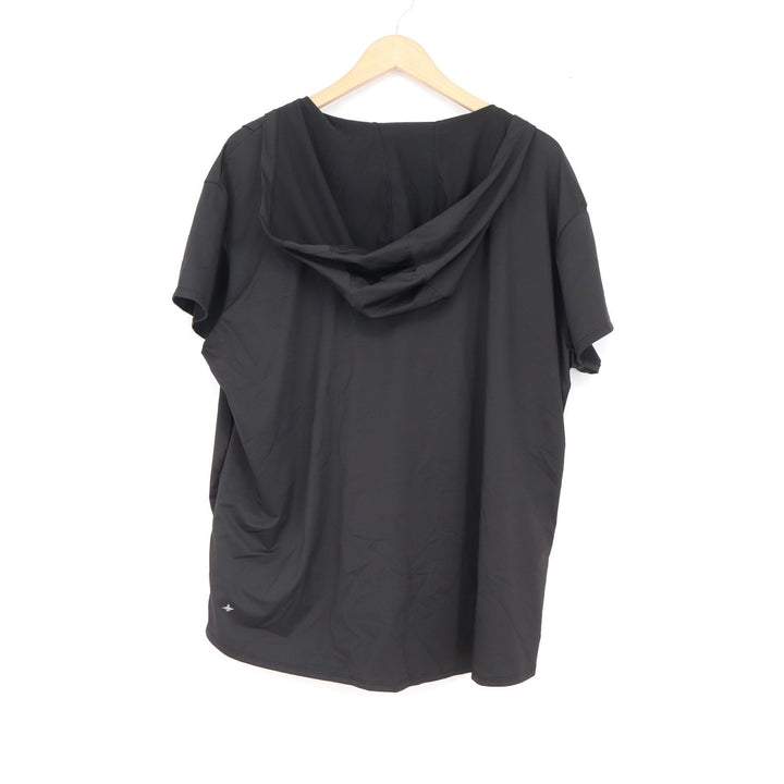 Black Draped Crossover Hooded Short Sleeve Top Athleisure Relaxed Fit