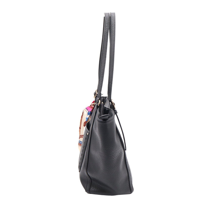 Black Faux Leather Tote Bag with Scarf Accent Gold Hardware Large Shoulder Purse