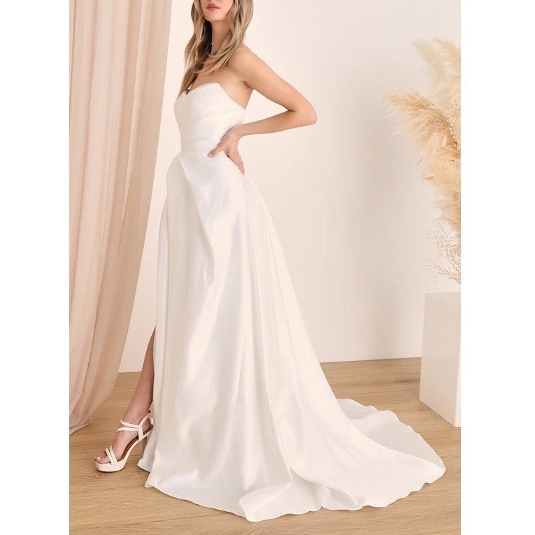 Lulus Lifetime of Love A-Line Gown Dress Womens 4 White Strapless Front Slit