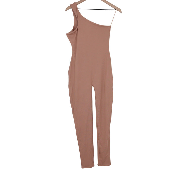 Naked Wardrobe One Shoulder Ribbed Jumpsuit Coco Brown L