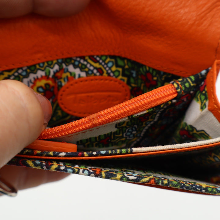 Tula Orange Pebbled Leather Trifold Wallet Paisley Interior Keychain Clip