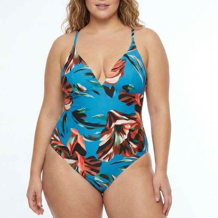 Calia Triangle Strappy Back One Piece Swimsuit Blue Floral Size 8