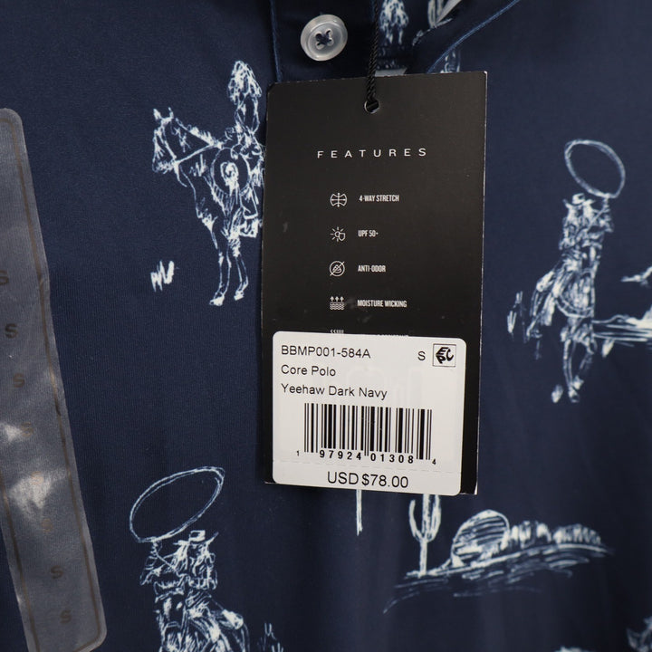 Bad Birdie Mens Yeehaw Core Polo Shirt Navy Blue Cowboy Print S