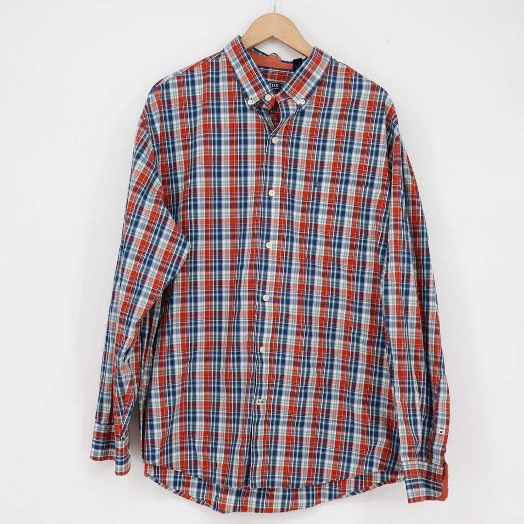 IZOD Premium Essentials Mens XL Plaid Button Down Shirt Red White Blue Cotton