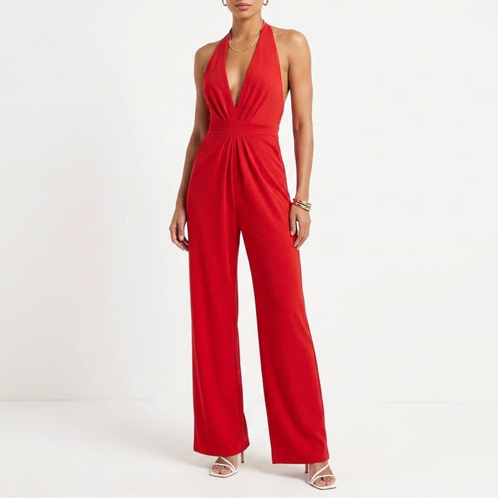 Lulishs Red Halter Jumpsuit Deep V-Neck Wide Leg Formal Evening Size L