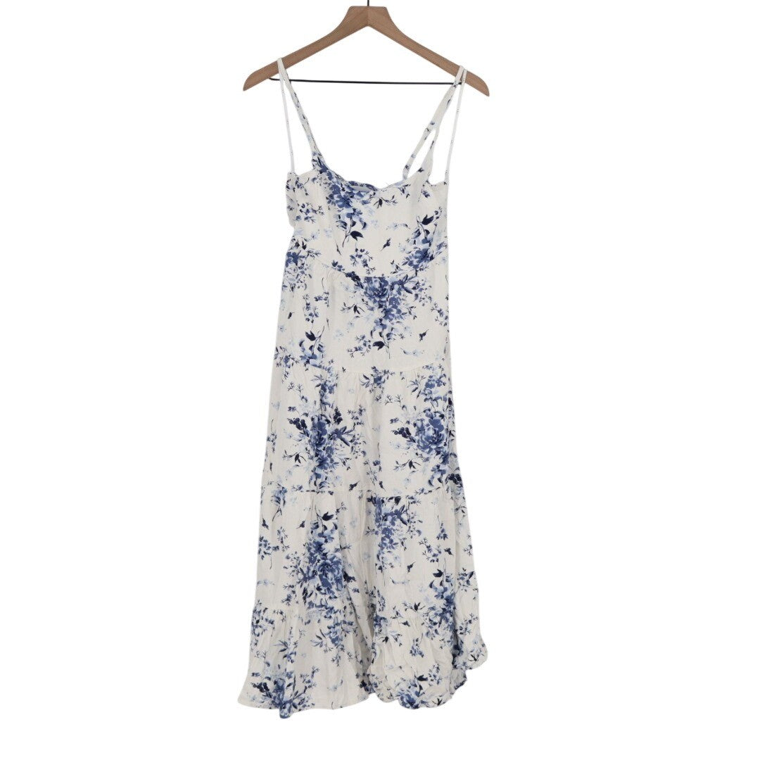 Lulus Mykonos Mood Tiered Midi Dress Womens S Navy Blue Floral Linen Tie-Strap