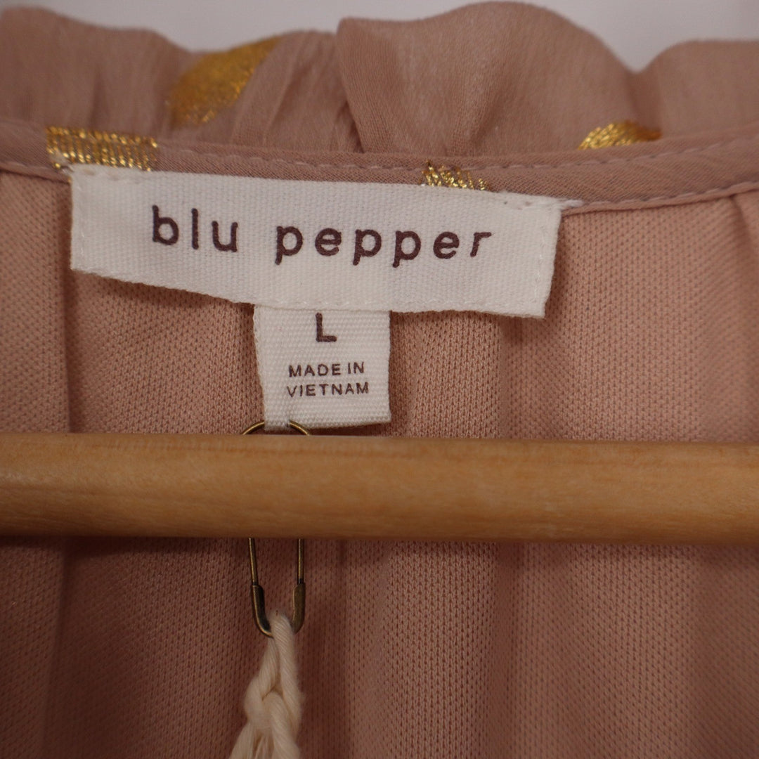 Blu Pepper Mauve Pink Gold Metallic Clip Dot Smocked Tiered Mini Dress Large