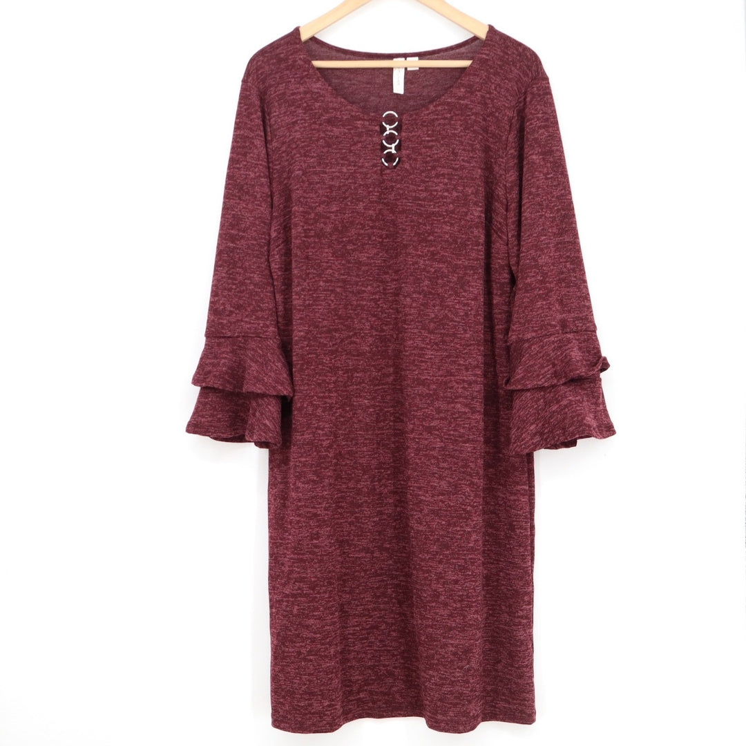 Tacera Womens XL Burgundy Space Dye Ruffle Sleeve Ring Detail Shift Dress