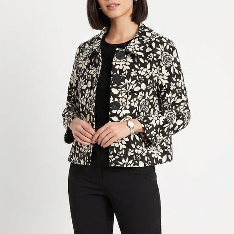 Style & Co Womens Black White Floral Cotton Button Front Jacket Size 14 Blazer