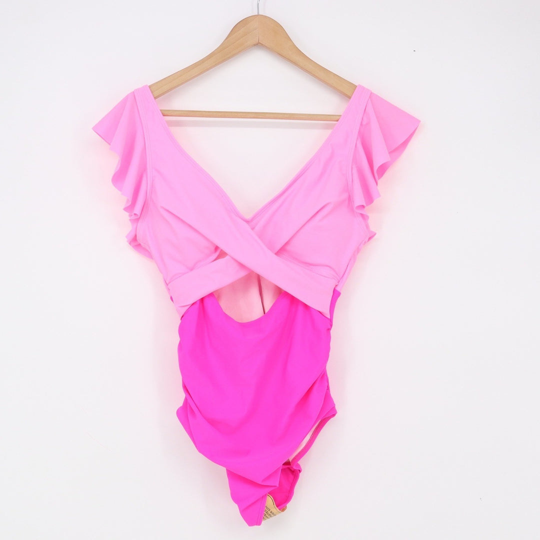 B2PRITY One Piece Swimsuit Women S Ruffle Wrap Front Pink Two Tone Excellent