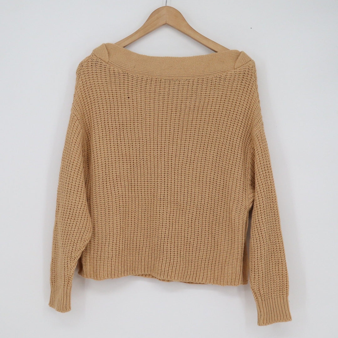 Derek Heart Womens Medium Tan Shaker Knit Side Button Boat Neck Pullover Sweater