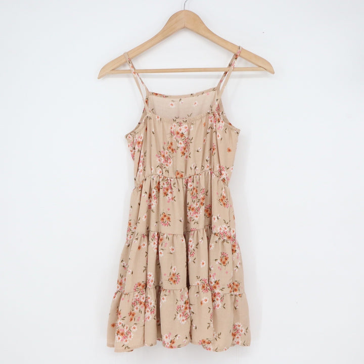 2 Hip Girls Tan Floral Tiered Spaghetti Strap Sundress Size 10 IMD9518
