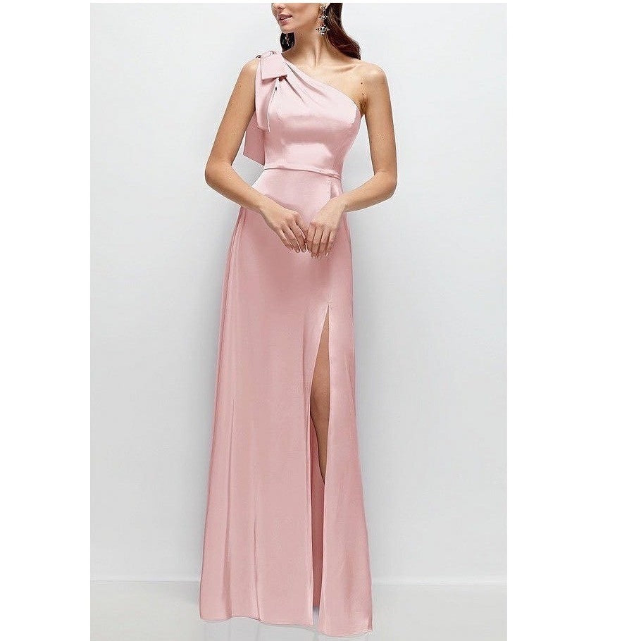 After Six Bow One-Shoulder Fluid Satin Maxi Dress With Full Skirt Size M