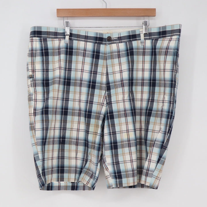 Dockers Shorts Mens 42 Plaid Blue White Tan Cotton Flat Front Excellent