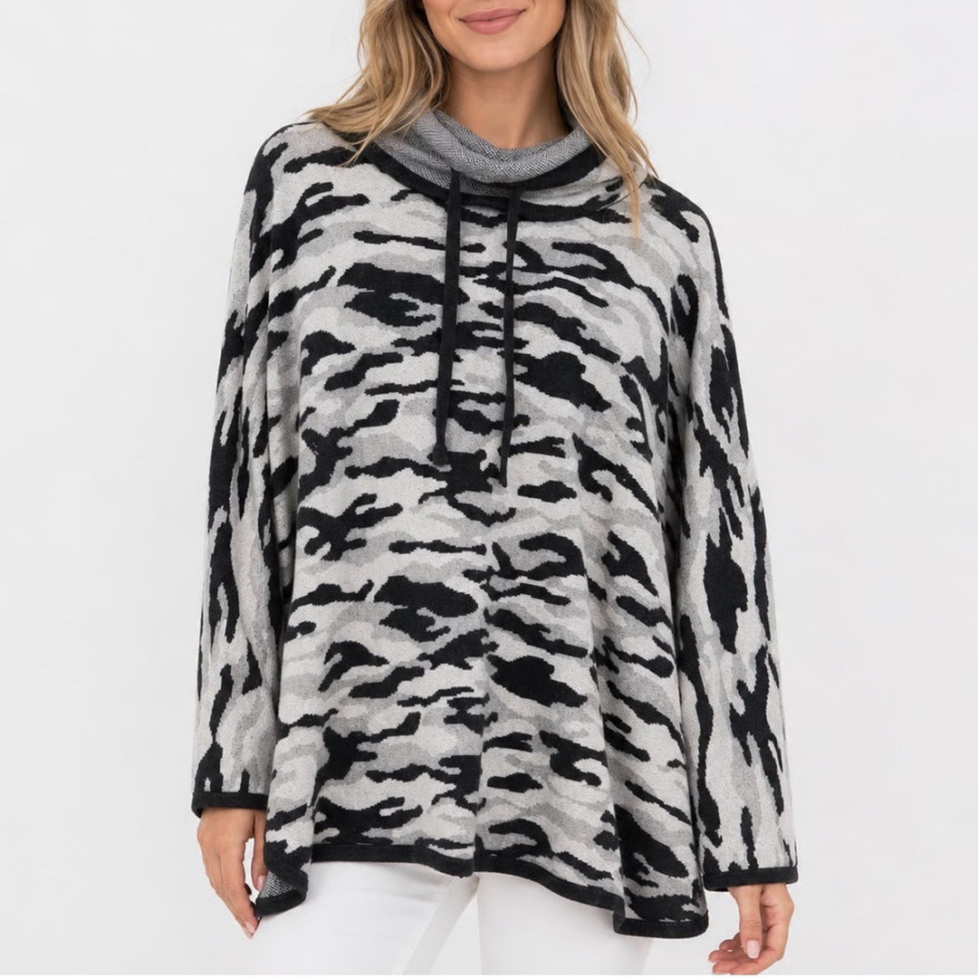 Rachel Zoe Womens 3X Camo Funnel Neck Pullover Sweater Black White Grey