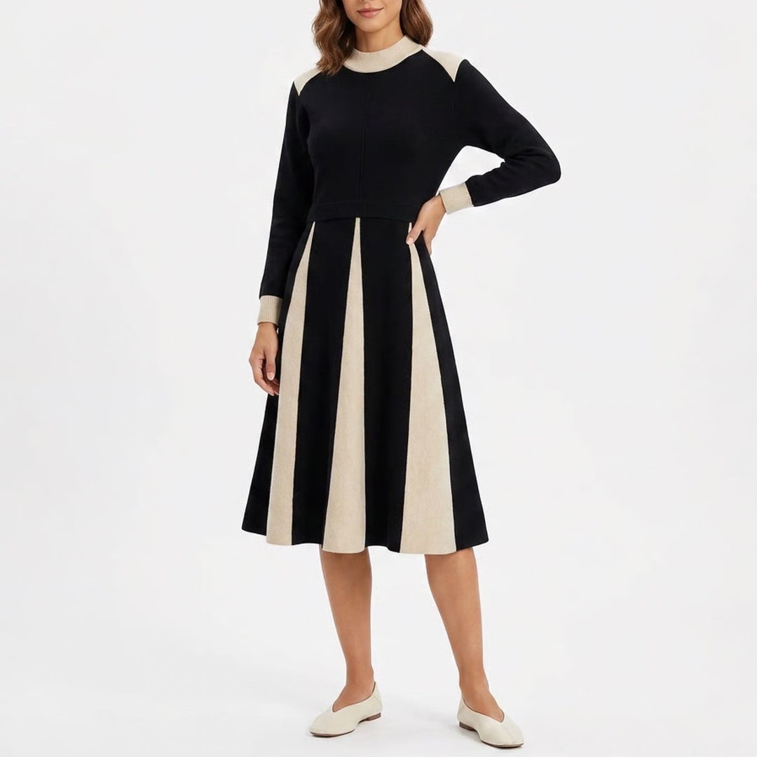 Unbranded Black Tan Colorblock Knit Midi Dress Mock Neck Long Sleeve A-Line