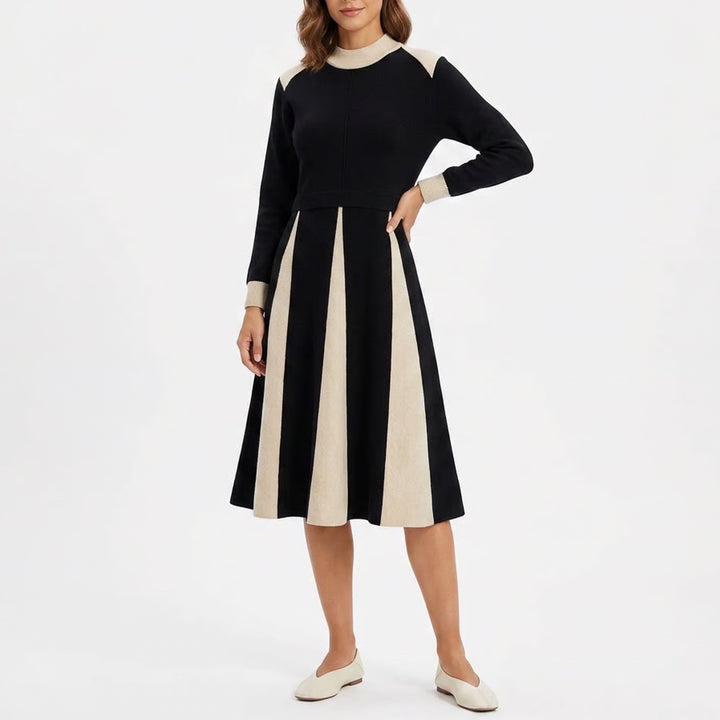 Unbranded Black Tan Colorblock Knit Midi Dress Mock Neck Long Sleeve A-Line