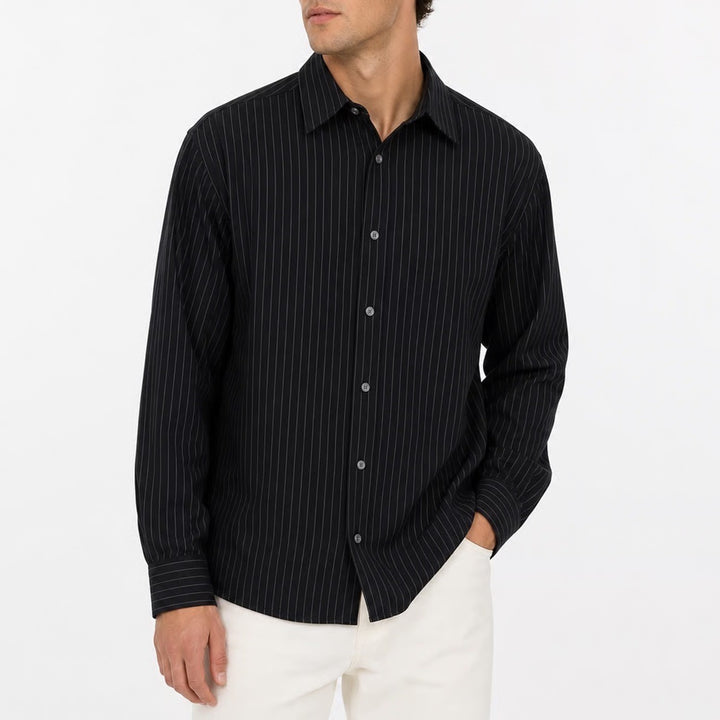 Claiborne Mens Modern Fit Pinstripe Button Up Shirt Black Large 100% Cotton