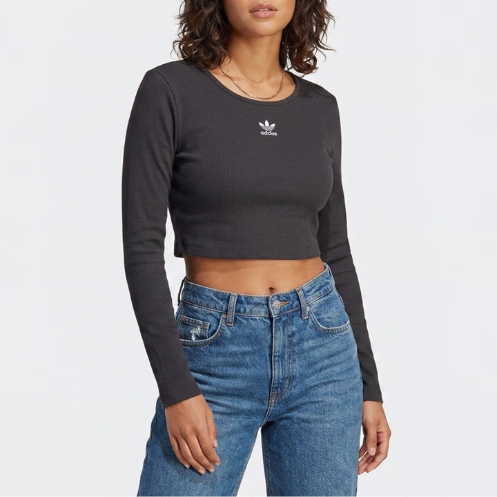 Adidas Originals Women Black Ribbed Long Sleeve Crop Top Size L NEW