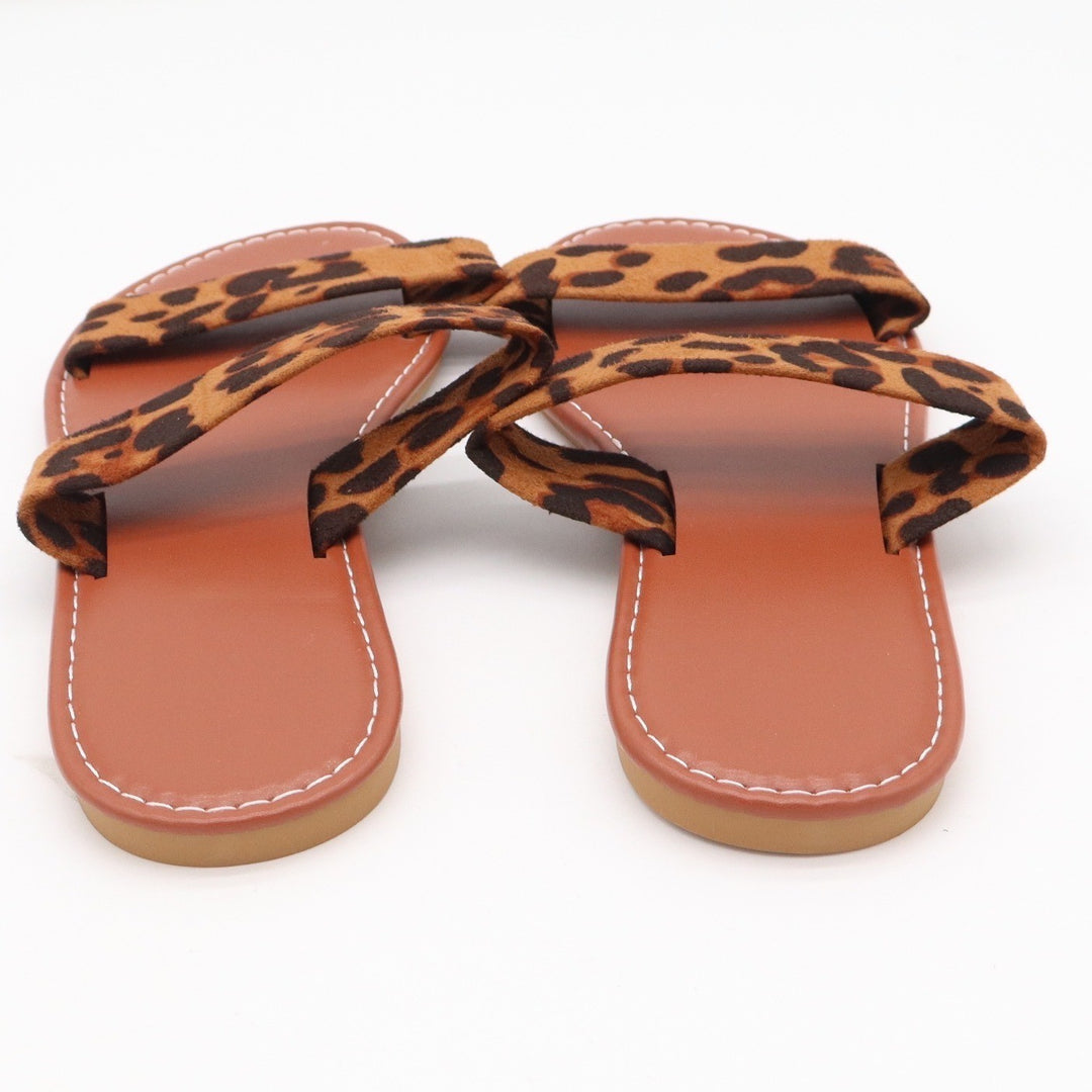 Leopard Print Double Strap Flat Slide Sandals Brown Tan Size 40