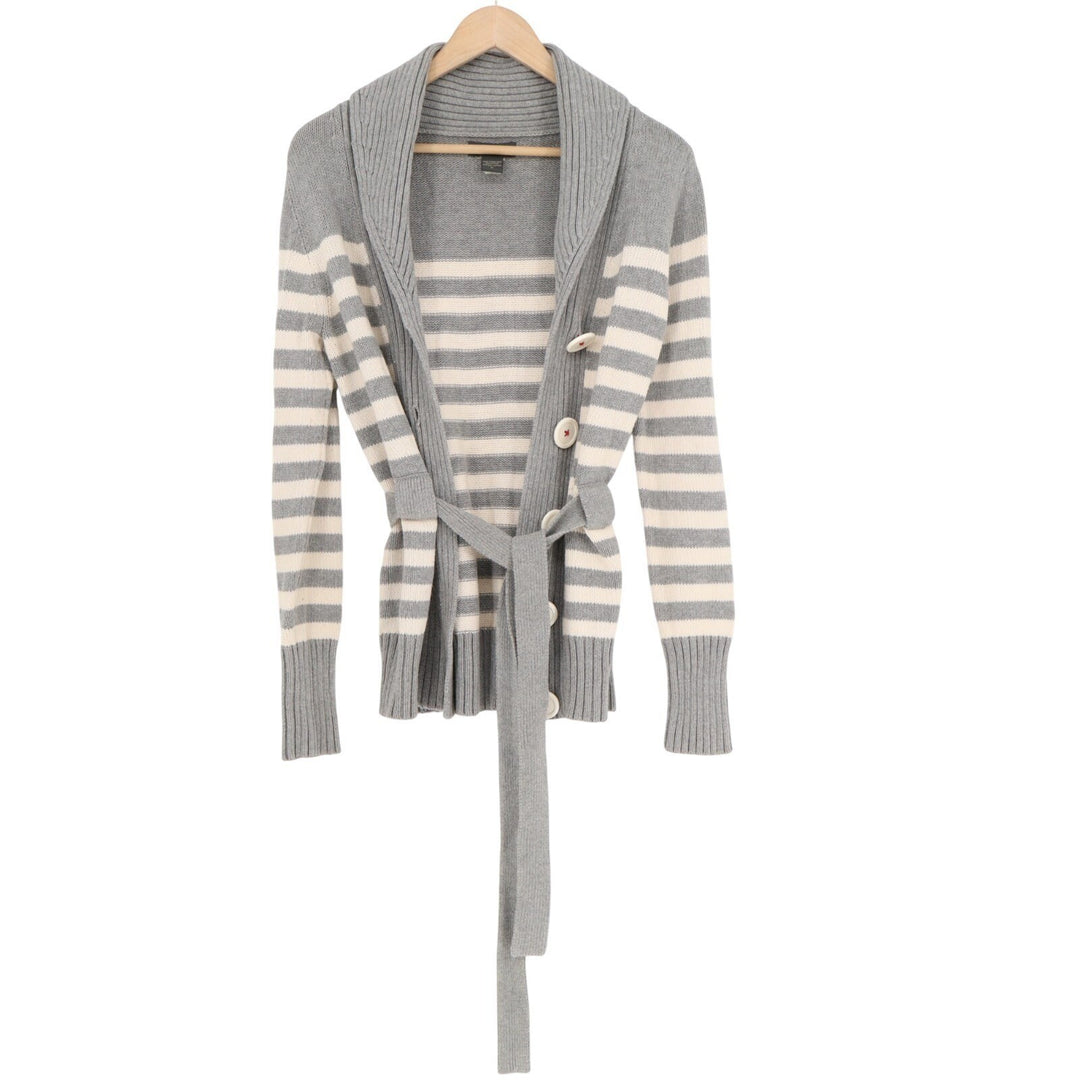 Banana Republic Cardigan Sweater Womens M Gray White Striped Cotton Knit Ribbed