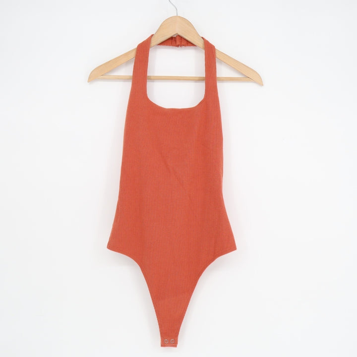 American Eagle Outfitters Bodysuit Womens Medium Orange Cotton Stretch Ribbed