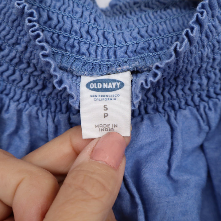 Old Navy Blue Chambray Eyelet Smocked Off Shoulder Shift Dress Womens Small