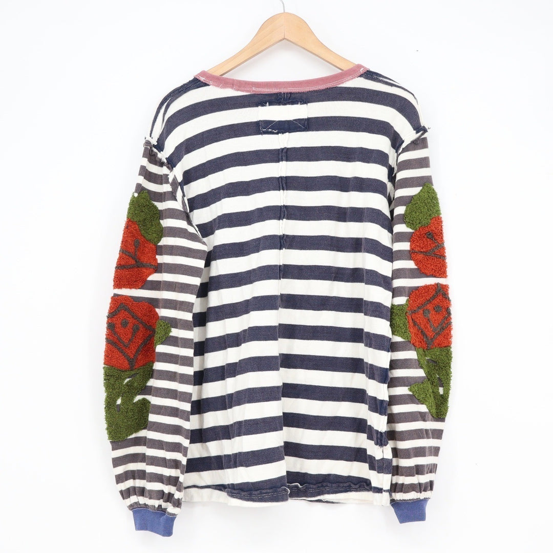 We The Free Free People Striped Floral Chenille Sleeve Top Navy White Small