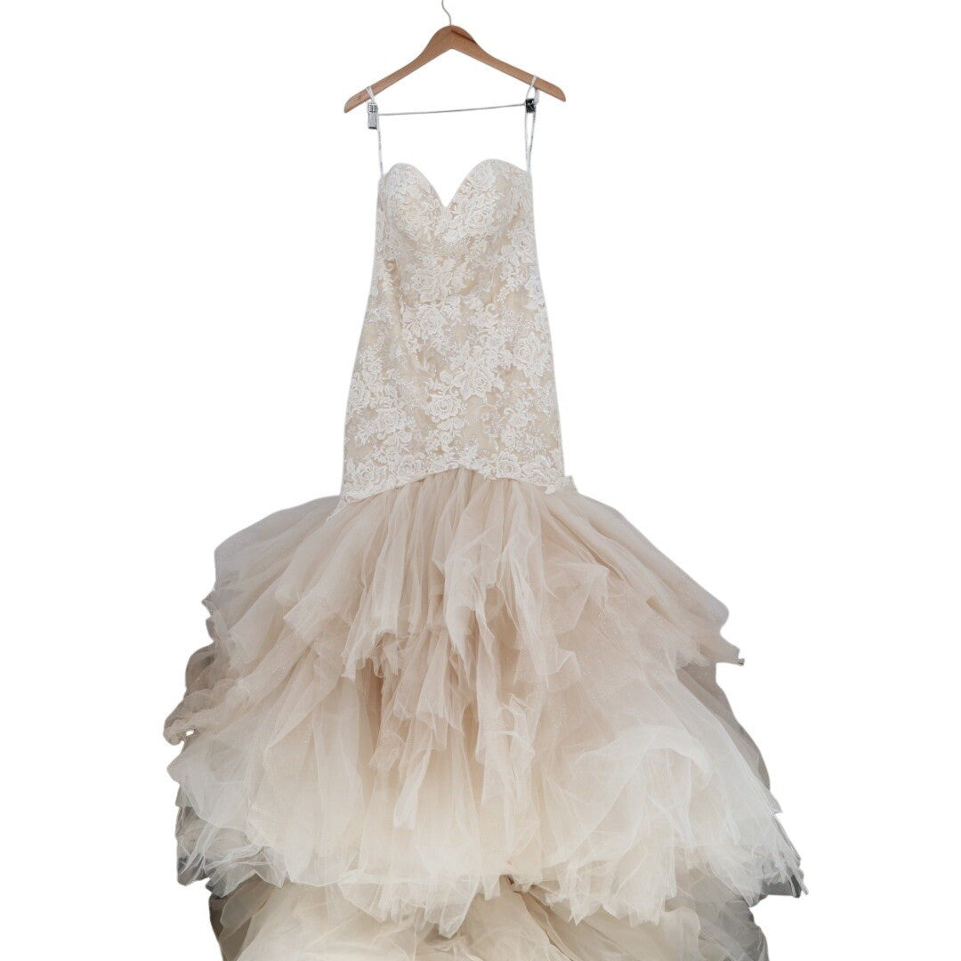 Madison James Wedding Dress Womens 8 White Embroidered Mesh Strapless Sweetheart