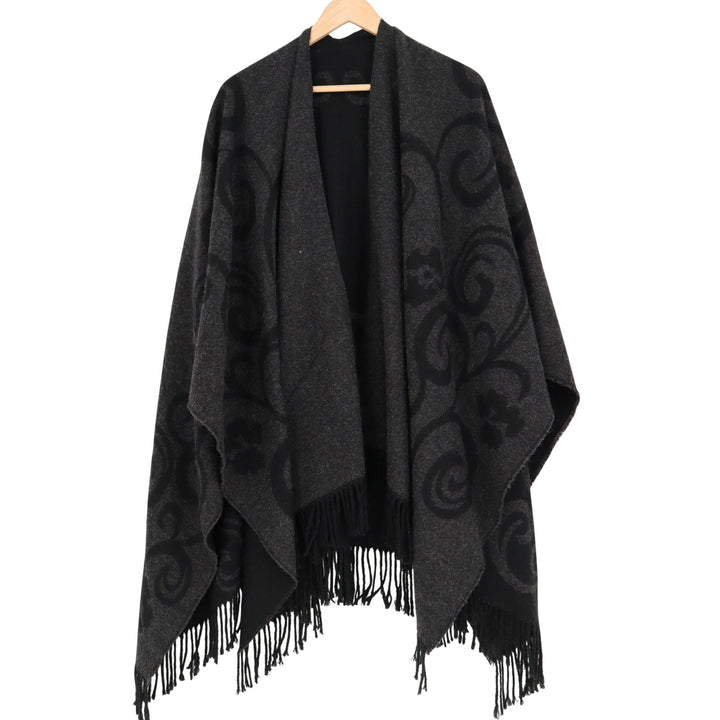 Charcoal Grey Black Scroll Filigree Fringe Open Front Poncho Wrap Shawl Cape